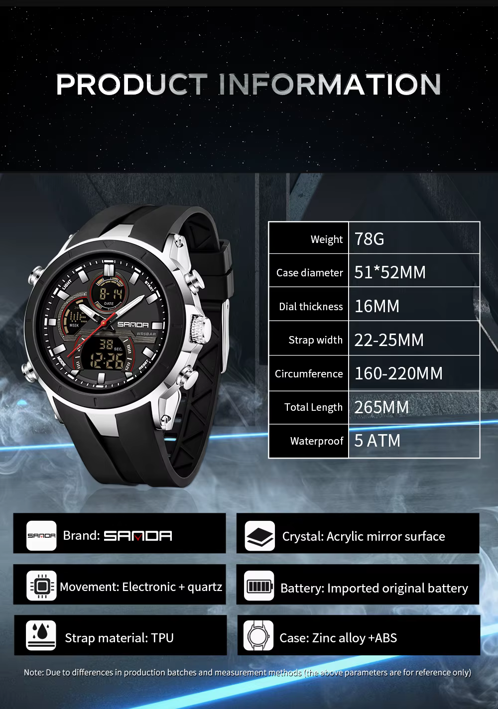 SANDA 6279 montres à Quartz électroniques pour homme double affichage grand cadran calendrier lumineux étanche Sports de plein air montre numérique