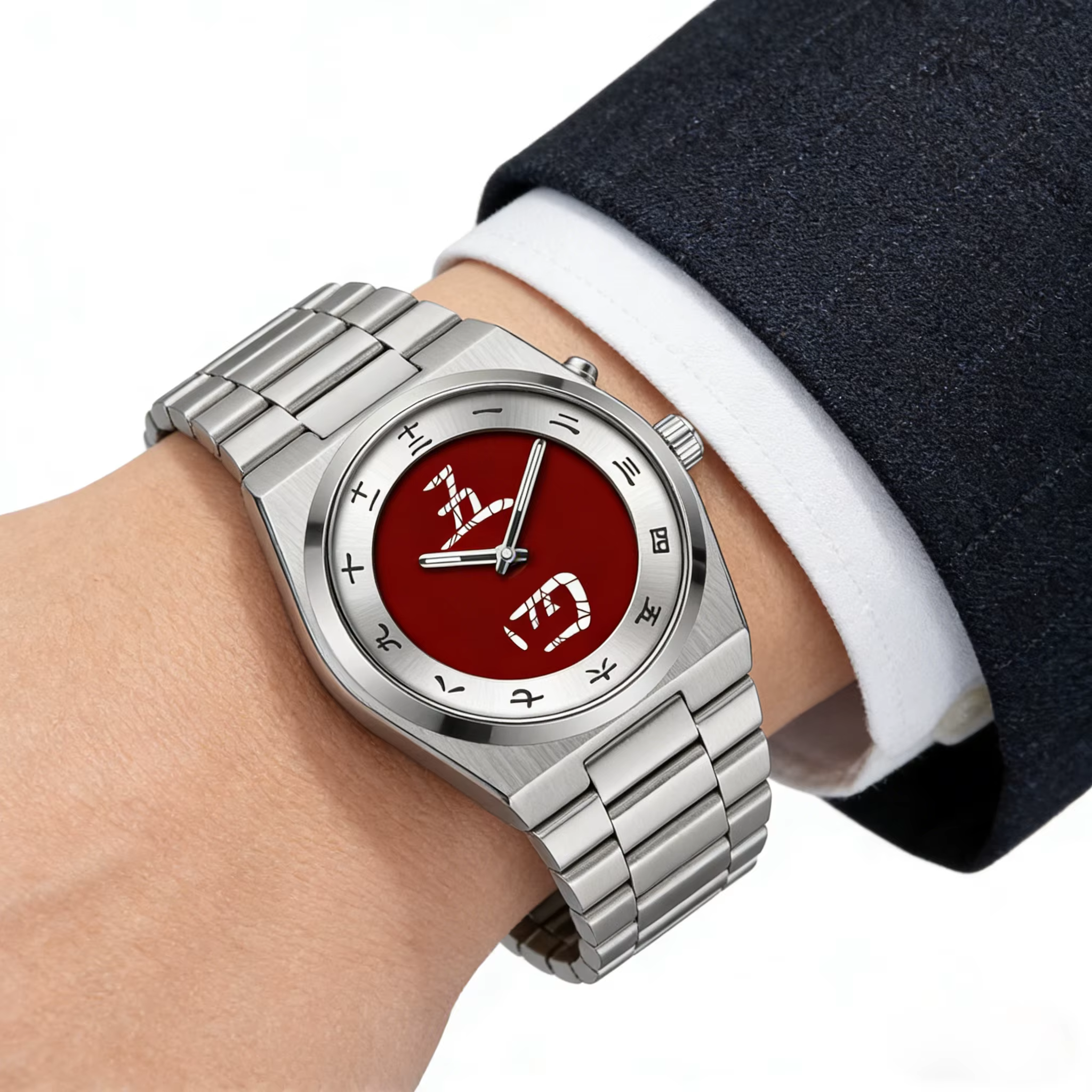 Montre à cadran avec caractères chinois pour homme - Montre-bracelet à quartz vintage avec bracelet en acier inoxydable