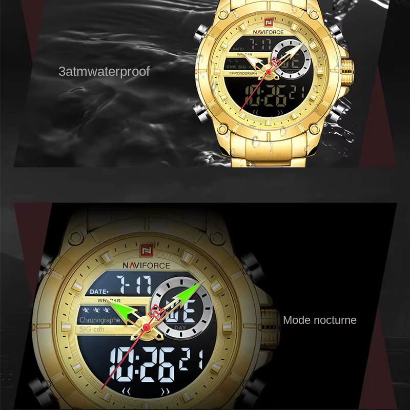 NAVIFORCE 9163 montre-bracelet de Sport originale de luxe pour hommes Quartz acier étanche double affichage montres mili
