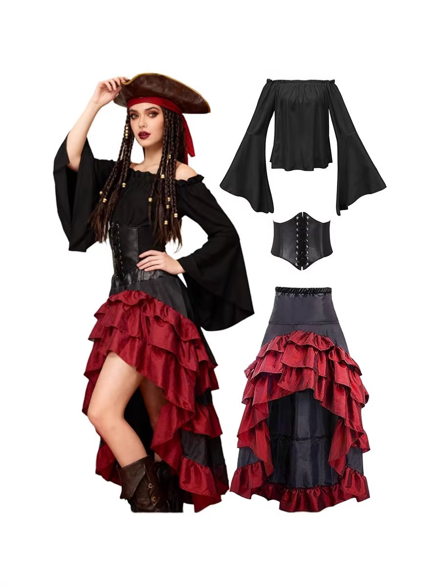 Costume de Capitaine Pirate Vintage pour Femme - Ensemble Corset Brodé Rétro et Jupe Superposée à Volants - Tenue Sexy de Femme Pirate