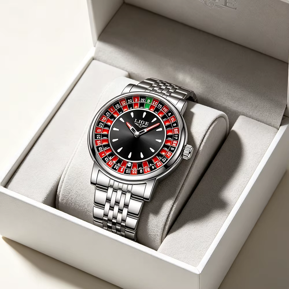 Montre Homme LIGE Tendance en Cuir Marron avec Cadran Rotatif Thème Roulette de Las Vegas