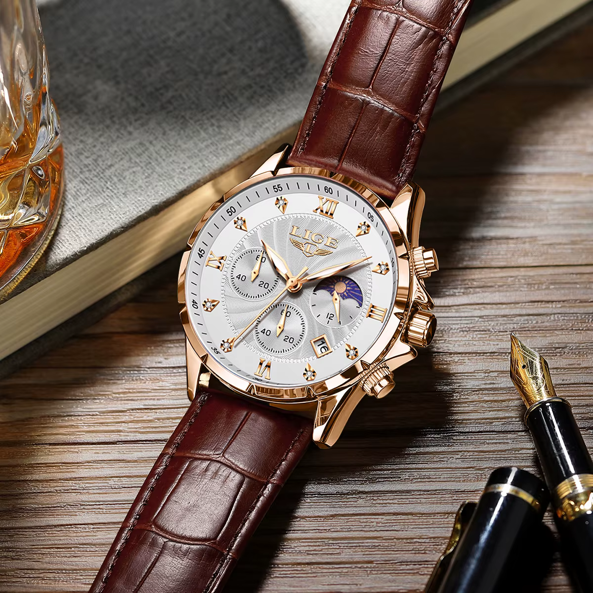 LIGE montre pour hommes de luxe affaires lumineux étanche montres en cuir Phase de lune semaine Date montre à Quartz décontractée hommes Reloj hombre