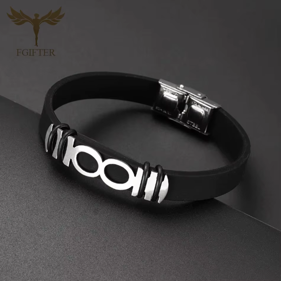 Bracelet infini pour homme et femme, bracelet en silicone noir avec incrustation en acier inoxydable, 8 symboles de l'amour éternel et de la promesse à jamais