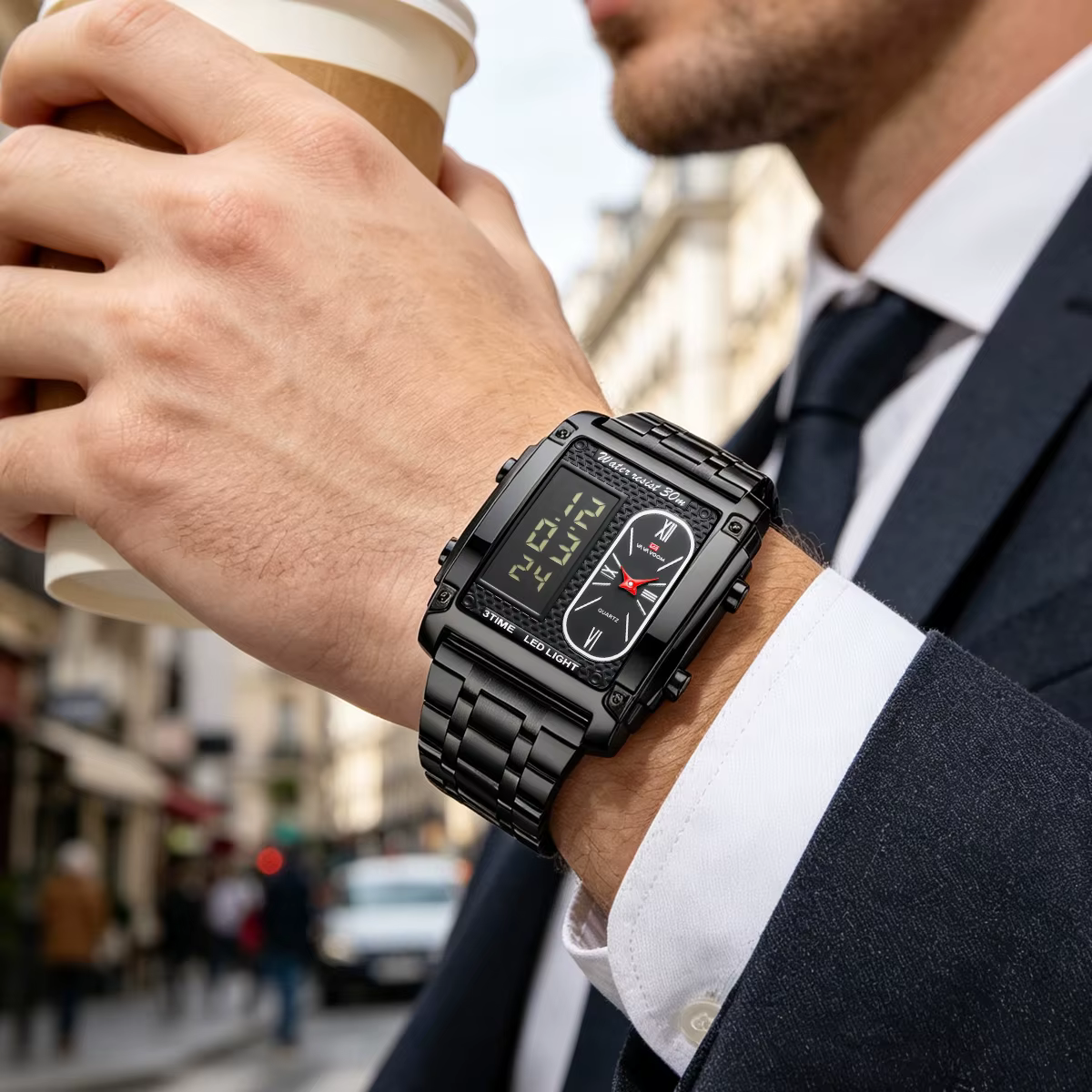Montre électronique pour hommes avec écran LED rectangulaire de 50 mm