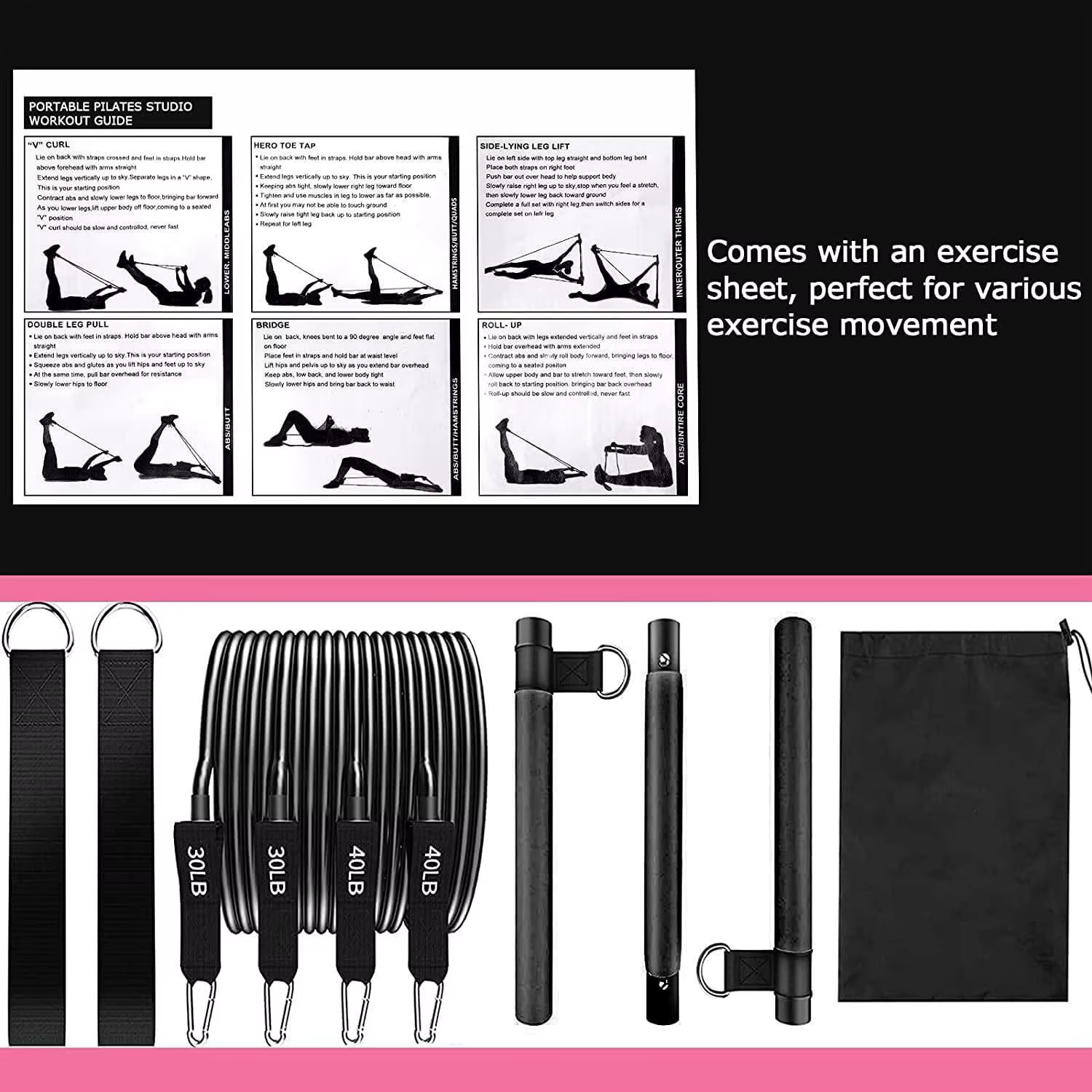 Kit de barre de Pilates avec bandes de résistance réglables, équipement d'entraînement à domicile, barre de musculation pour le corps entier, pour le yoga, la remise en forme et le renforcement du tro