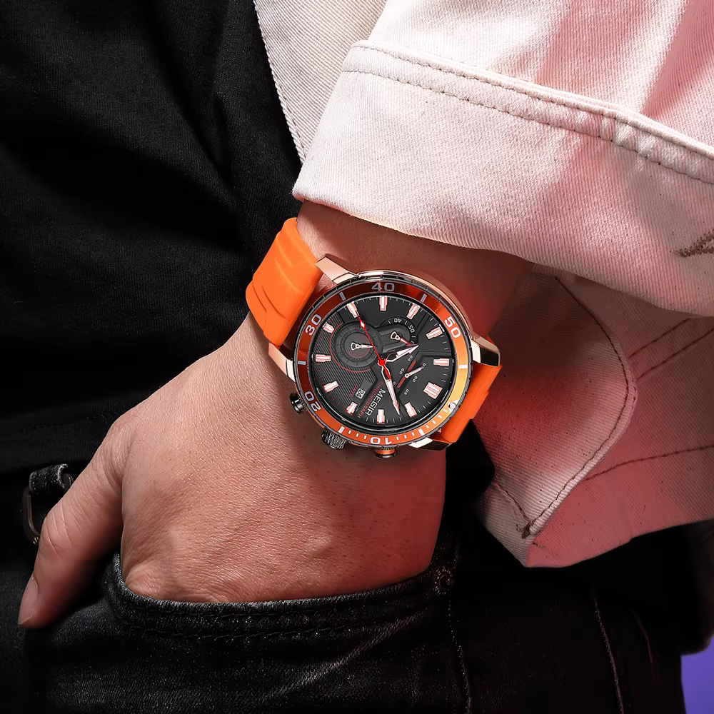 Montre de sport chronographe avec bracelet en silicone orange pour homme