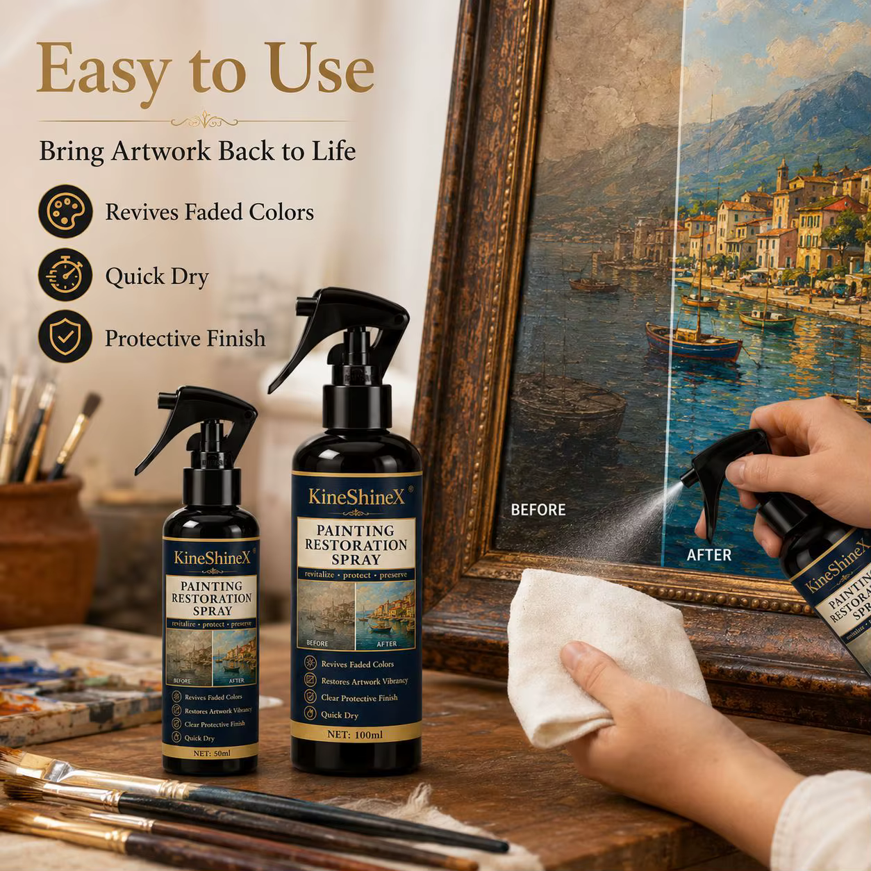 Spray de restauration de peinture 50ml/100ml – Redonne vie aux couleurs ternies et restaure la vitalité des œuvres d'art, séchage rapide pour les peintures à l'huile et les œuvres sur toile