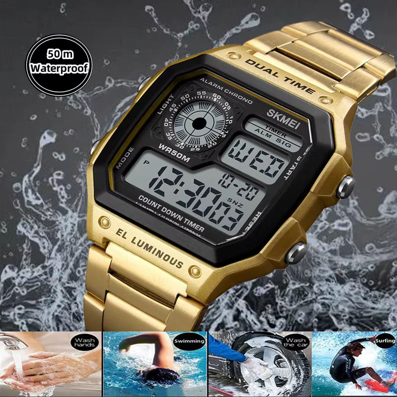 Skmei-Montre numérique en acier inoxydable pour homme