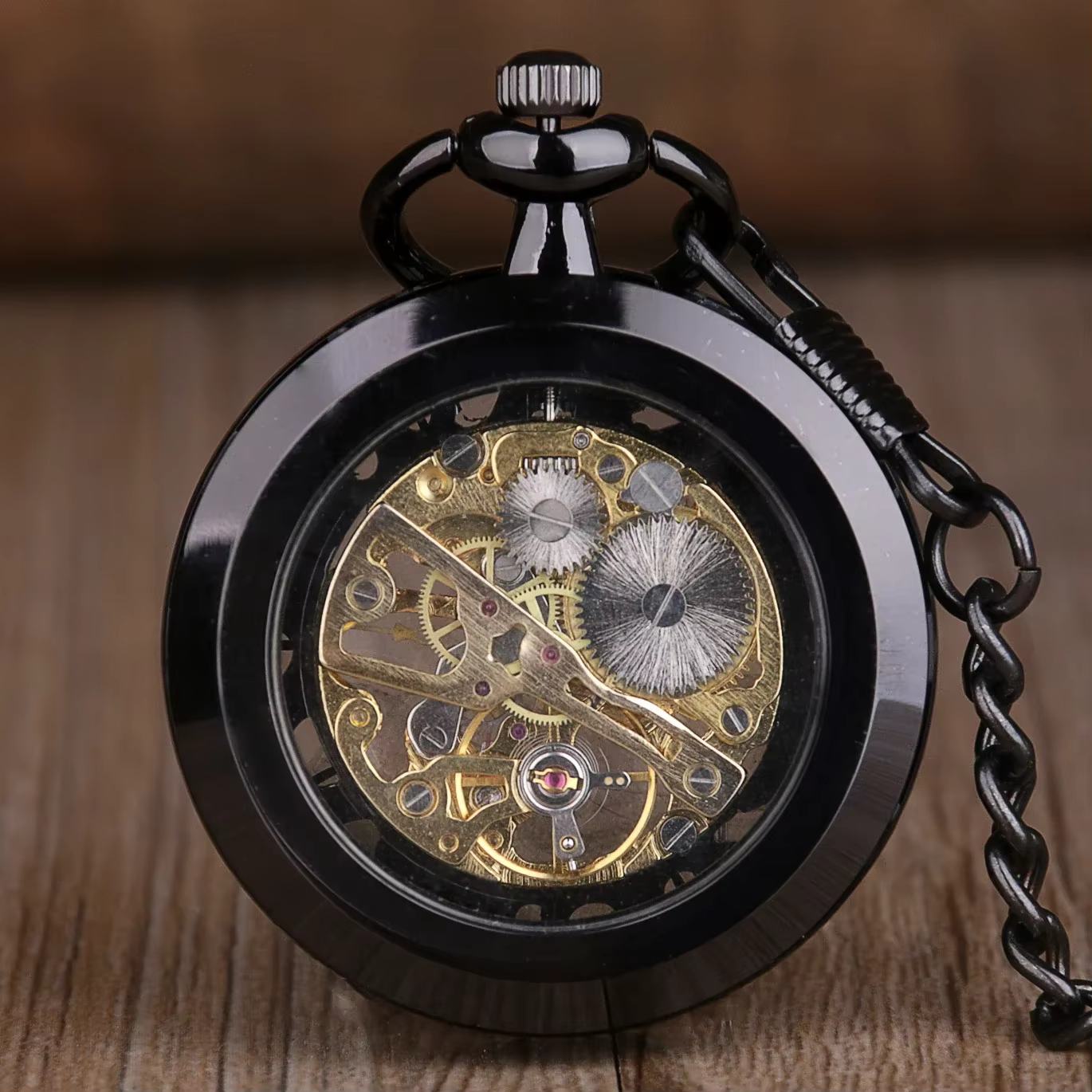 Montre de poche mécanique squelettée noire/argentée