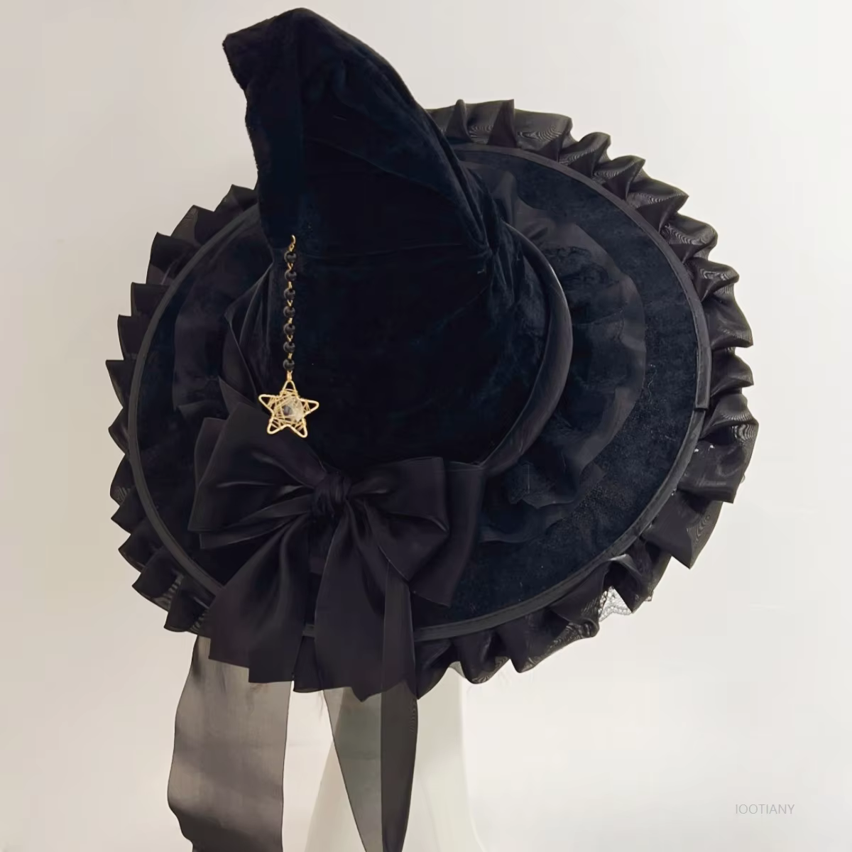 Chapeau magique de sorcière pour fête d'halloween, Costume de carnaval pour fille, gothique, Lolita foncée, nœud de Cosplay, noir, tordu, à volants, accessoire de chapeau de magicien