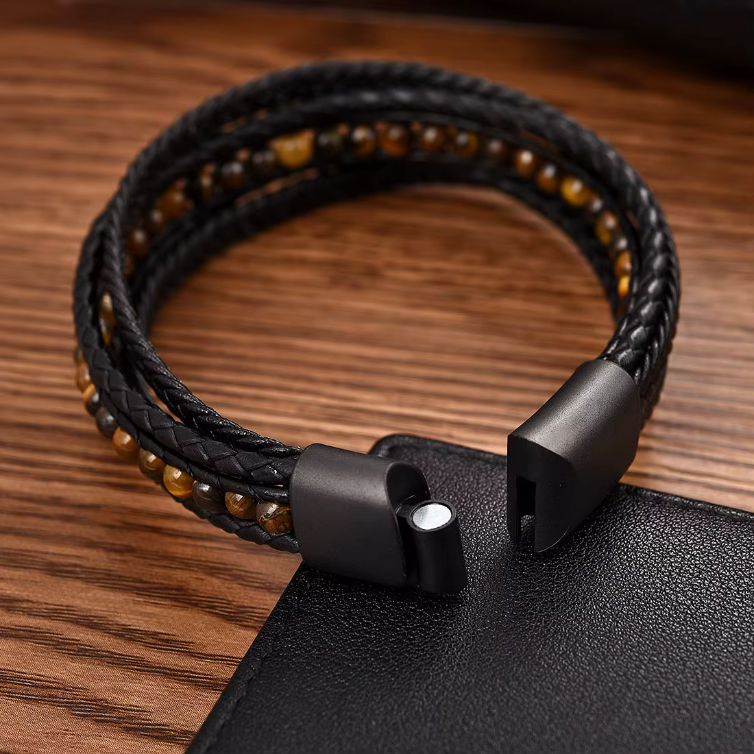 Bracelets classiques en pierre naturelle et cuir microfibre pour hommes
