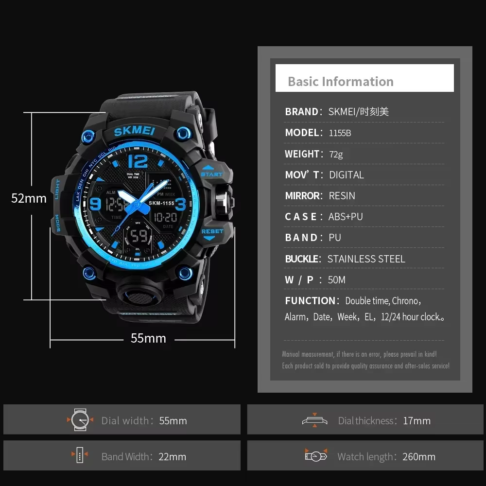 SKMEI 1155B Sport hommes montres numériques militaires montre
