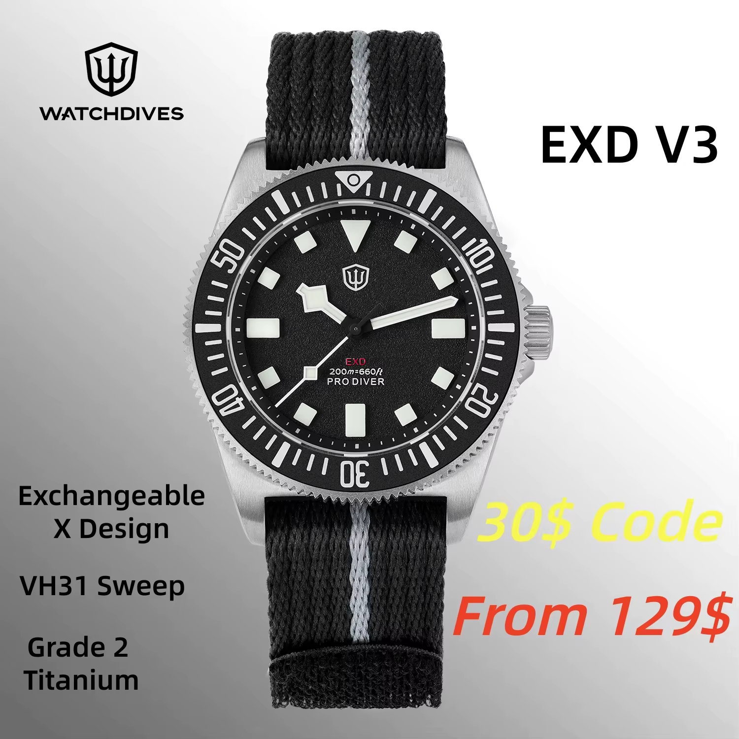 Watchdives EXD 40 Montre à quartz en titane VH31 avec verre saphir et lunette en céramique BGW9 Lume 200M