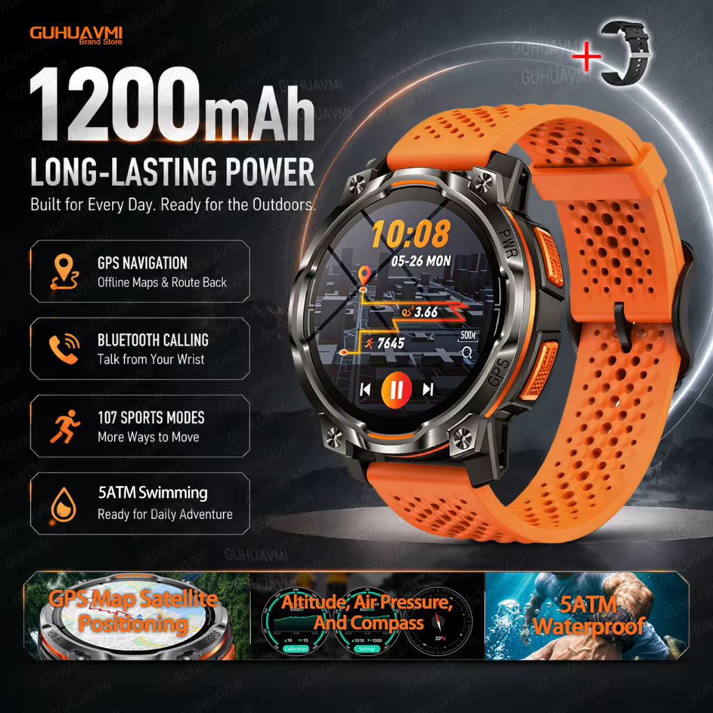 Nouvelle montre intelligente GPS hors ligne 2026 pour hommes, écran AMOLED, batterie 1200 mAh, boussole, lampe de poche, montres étanches, appel vocal Chat-GPT, horloge numérique