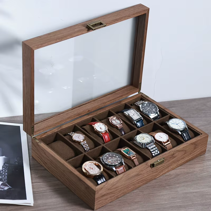 Boîte de rangement et de présentation pour montres et bijoux en bois de noyer noir massif