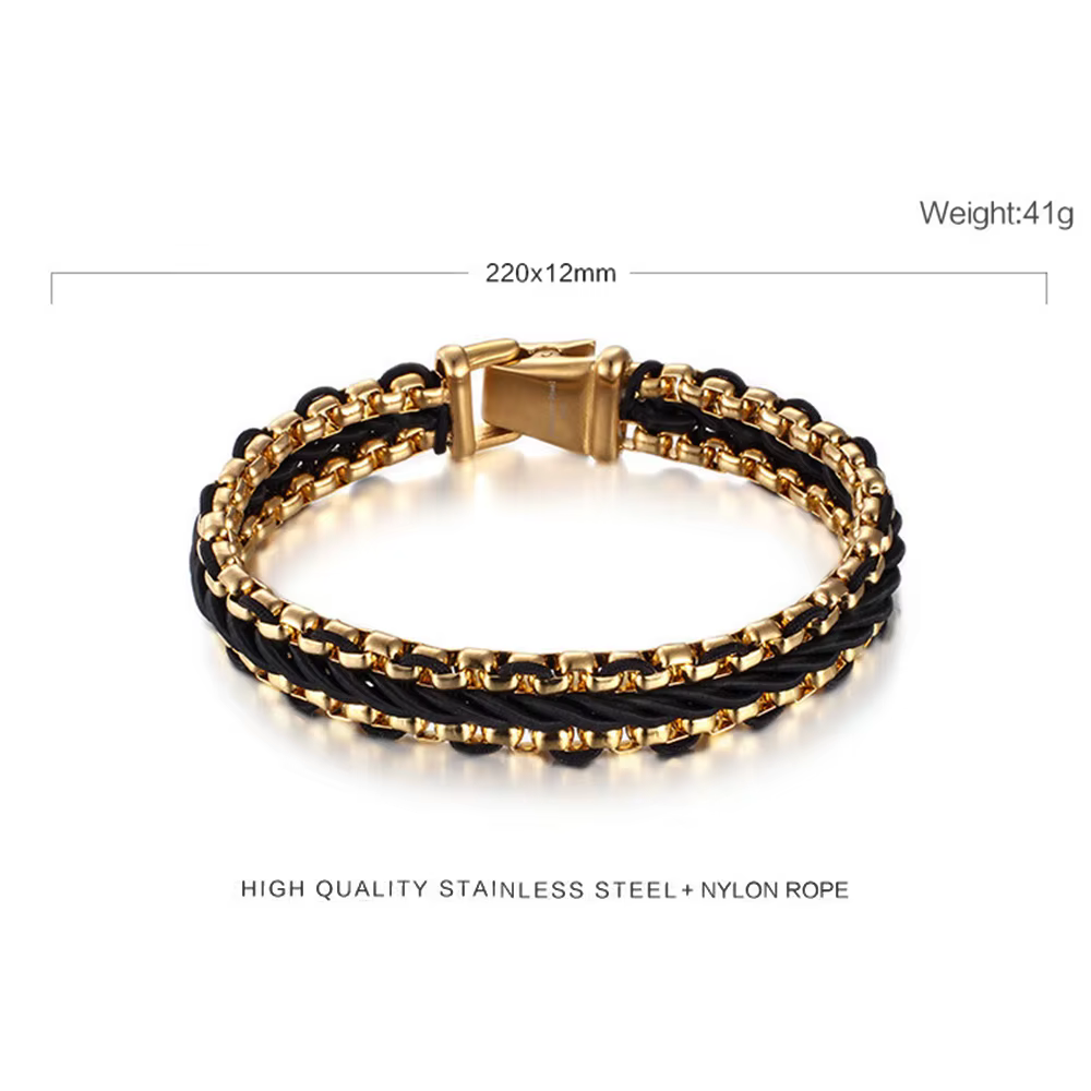 Bracelet en corde de nylon tressée vintage pour hommes, 12 mm de large, maillons en acier inoxydable doré, bracelet de luxe, bijoux, meilleur cadeau pour petit ami