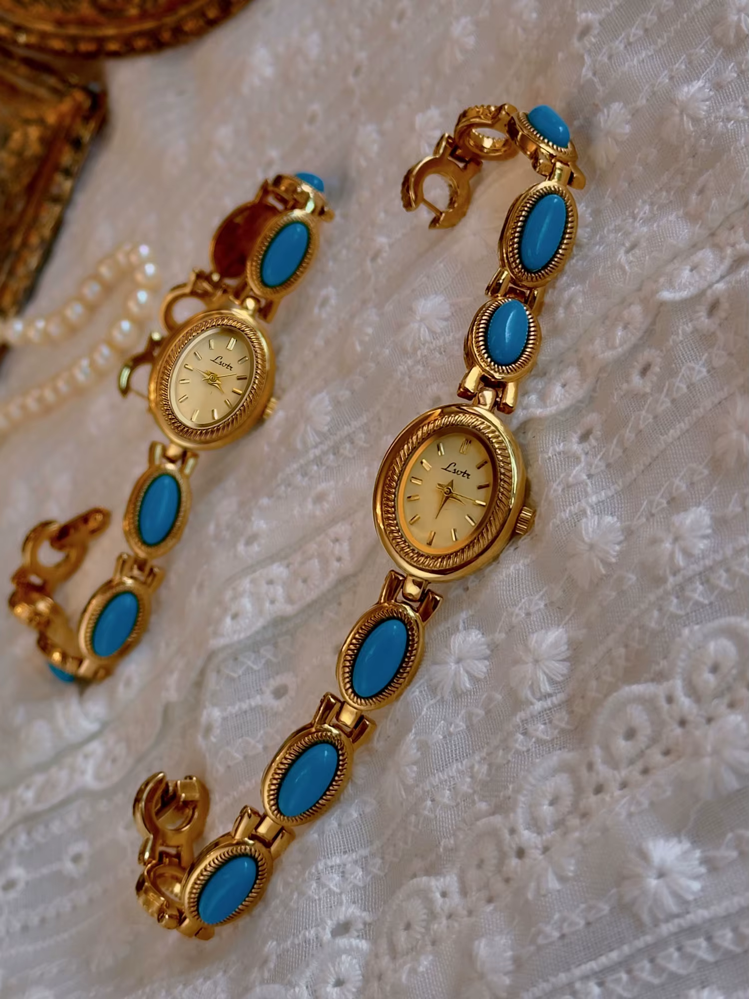 1 montre française élégante et tendance pour femme avec bracelet incrusté de pierres précieuses turquoise artificielles