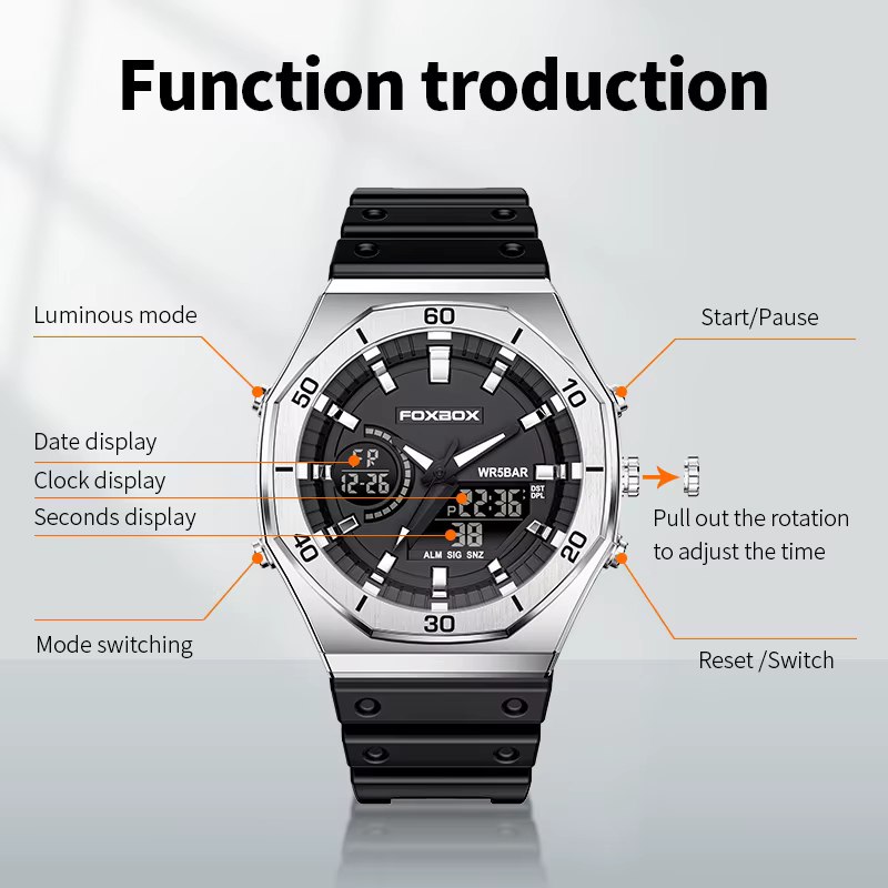 FOXBOX nouvelles montres à double affichage pour hommes sport décontracté chronographe Quartz grand cadran montre-bracelet Silicone étanche horloge numérique