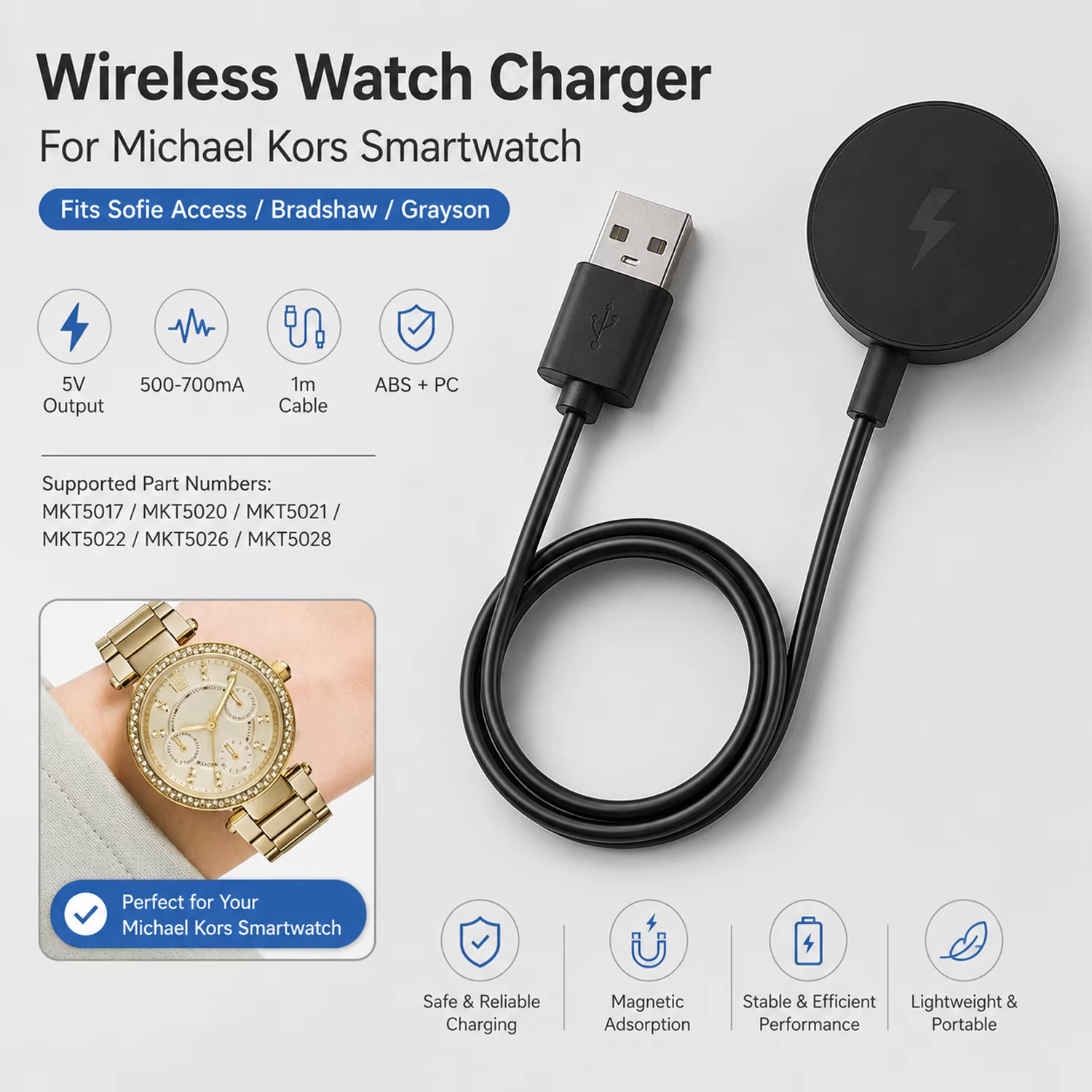 Câble de chargeur pour Michael Kors MKT5017 MKT5020 MKT5021 MKT5022 MKT5026 MKT5028 - Station de charge magnétique sans fil pour montre intelligente