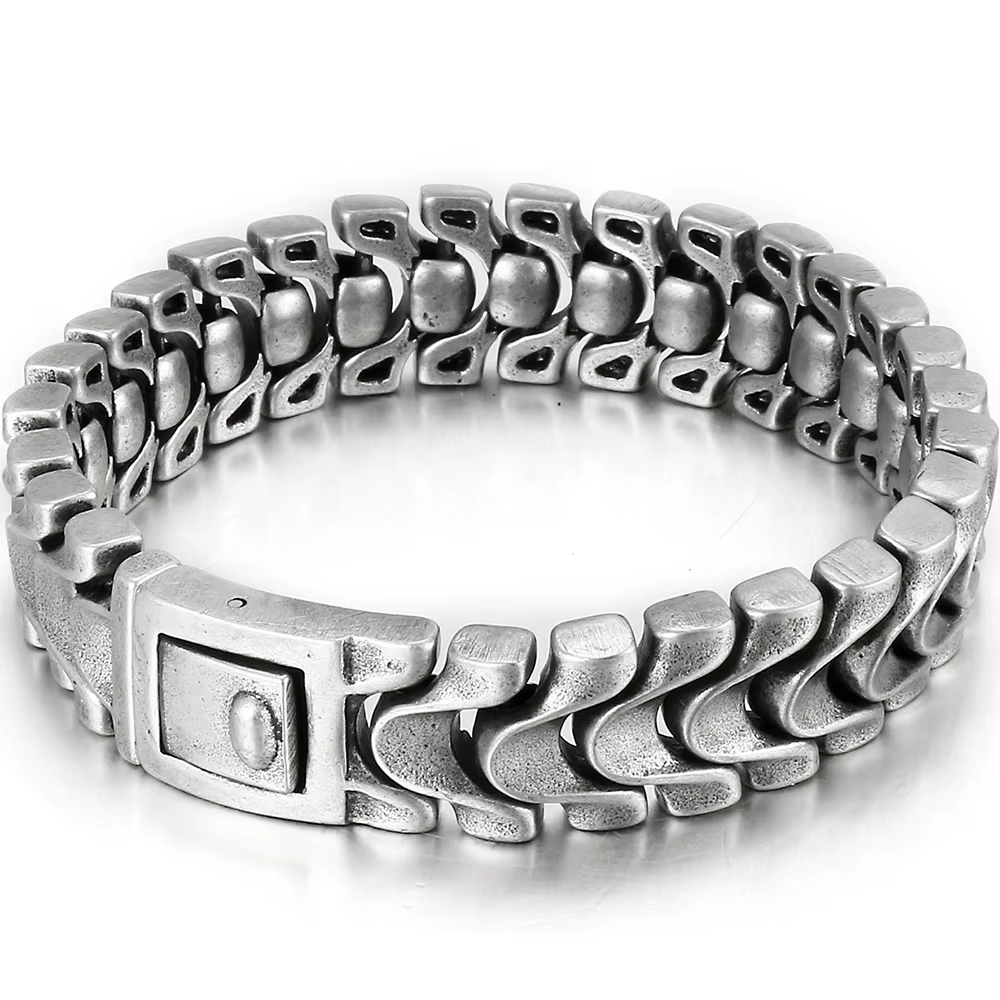 Bracelet pour homme en acier inoxydable mat vintage, style gothique rétro, chaîne épaisse, bijoux de motard, couleur argent vieilli