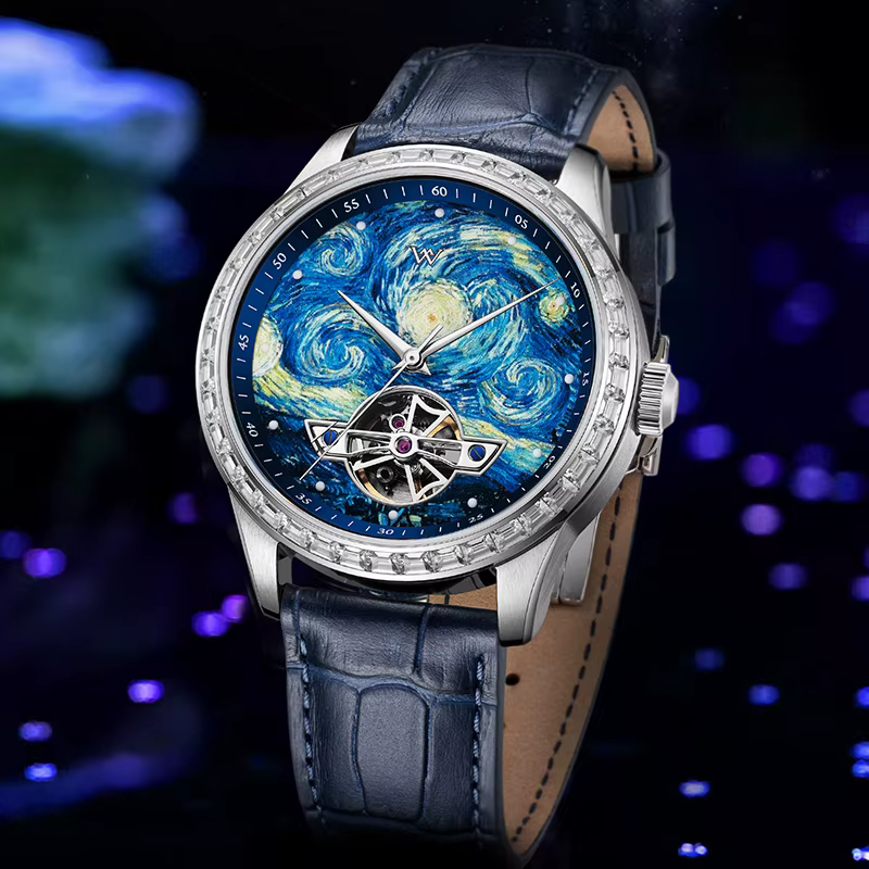 WM Watch Montre mécanique squelette étanche avec cristal saphir et boîtier en acier inoxydable