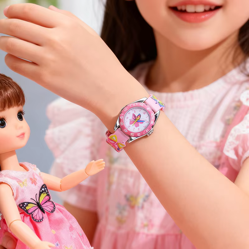 Enfants garçon fille apprendre le temps montres à quartz numériques élève de l'école primaire mignon rose papillon