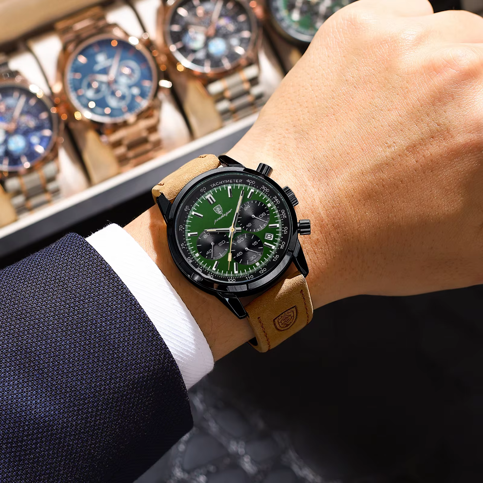 POEDAGAR mode Sport montre-bracelet pour hommes étanche lumineux chronographe militaire homme montre en cuir de luxe