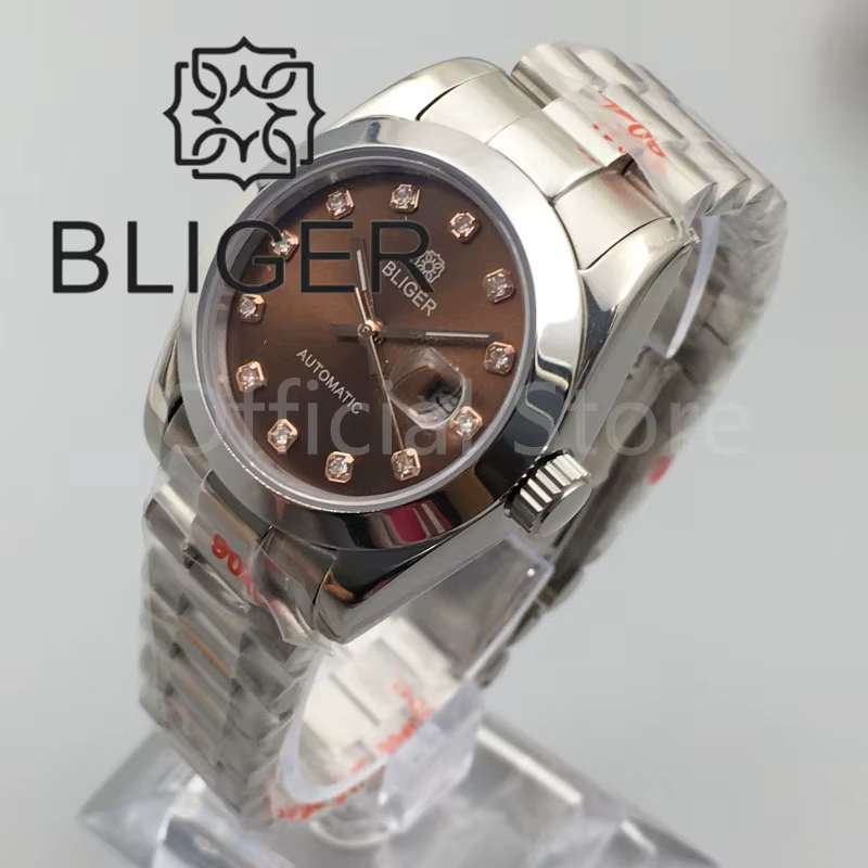 BLIGER 31m montre pour femme verre saphir or Rose marron blanc cadran nacre avec argent or diamant Index étanche Date
