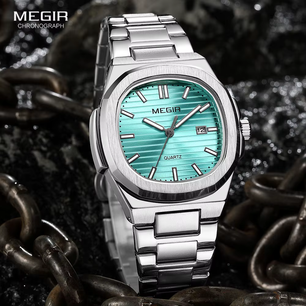 MEGIR montre habillée classique pour hommes avec bracelet en acier inoxydable doré cadran vert ovale montre-bracelet à quartz étanche avec aiguille lumineuse