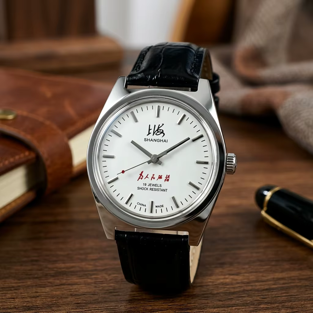 Montre mécanique manuelle vintage SHANGHAI pour homme, 19 rubis, résistante aux chocs, bracelet en cuir, montre-bracelet classique