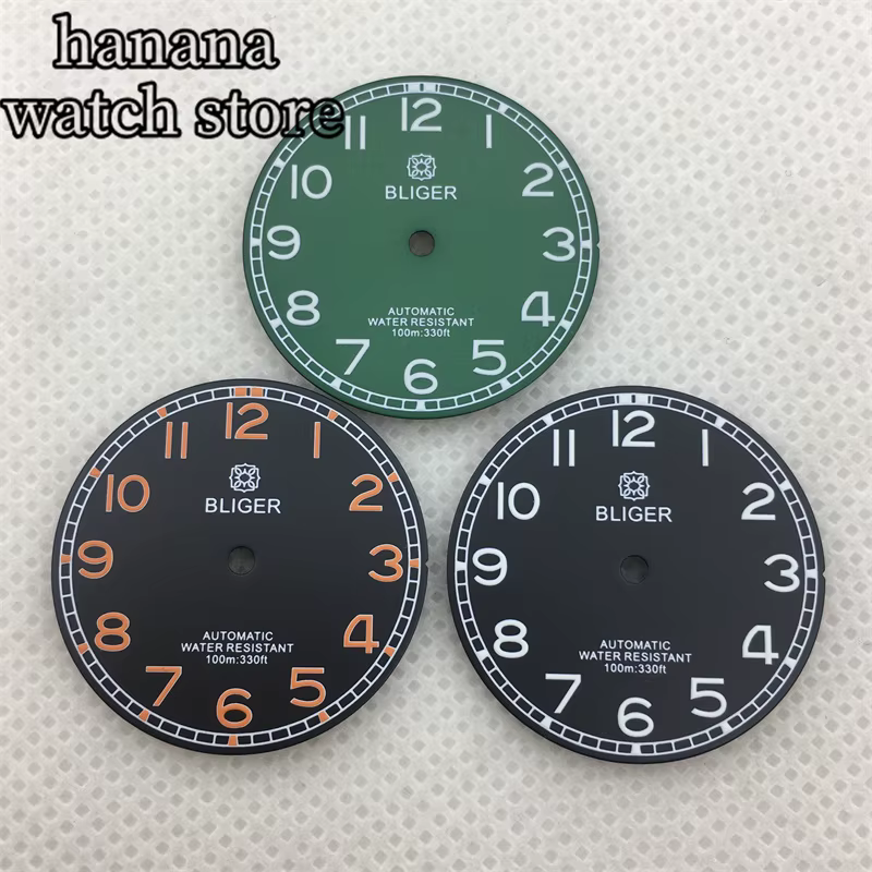 BLIGER 29mm cadran lumineux noir vert bleu avec NH34 NH35 NH36 ETA 2836 2824 Miyota 8205/8215/821A perle DG2813/3804 mouvement
