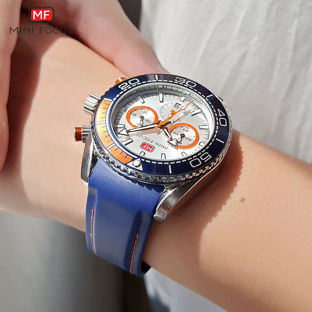 MINI FOCUS chronographe montres à Quartz pour hommes montre-bracelet de Sport de mode avec Date automatique indicateur 24 heures bracelet en Silicone bleu 0426