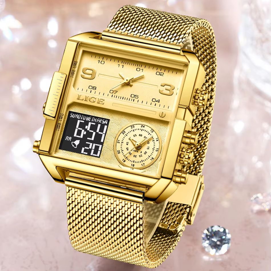 LIGE 2023 nouvelle montre en or femmes Top marque de luxe créatif montres carrées dames mode double affichage