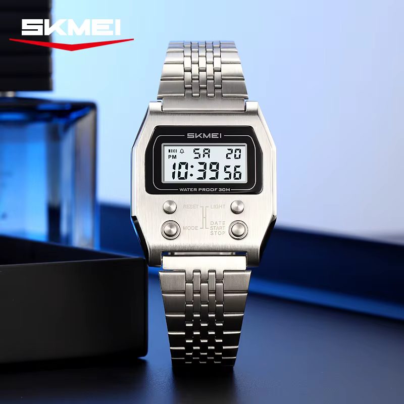 SKMEI 2460 montre numérique étanche pour hommes en acier inoxydable Sport luxe rétro LED électronique