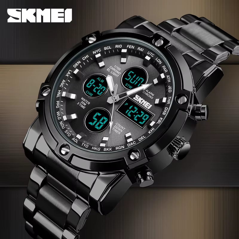 SKMEI 1389 Bracelet montre-Bracelet horloge montre à Quartz numérique hommes trois fois étanche