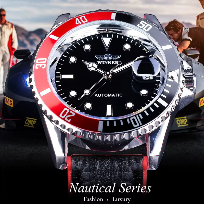 WINNER 002 montre-bracelet mécanique automatique pour hommes aiguilles lumineuses Date mode acier inoxydable et bracelet en cuir horloge cadeaux