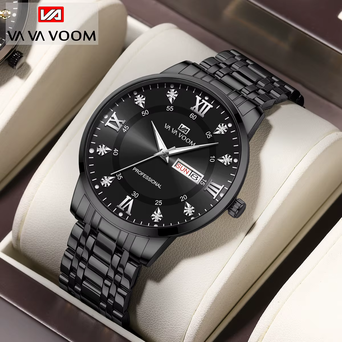 VA VA VOOM Top marque de luxe hommes montre semaine mouvement à Quartz horloge d'affaires noir en acier inoxydable 3Bar
