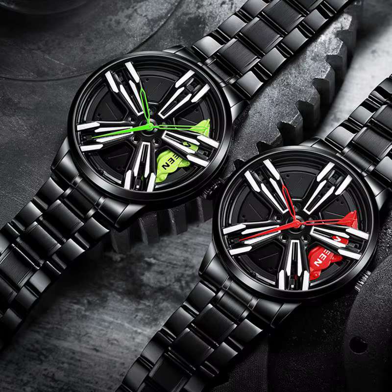 FNGEEN montre de course pour hommes personnalisé Super voiture jante conception en acier inoxydable noir rétro étanche