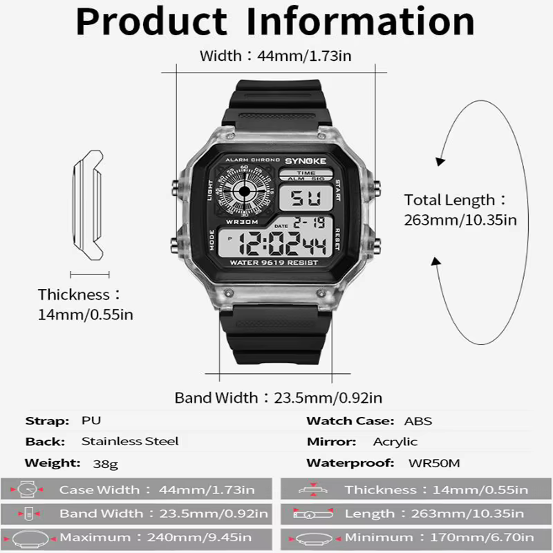 Synoke montre de Sport pour hommes antichoc mode 30M étanche natation montre-bracelet numérique coloré lumière LED mâle réveil