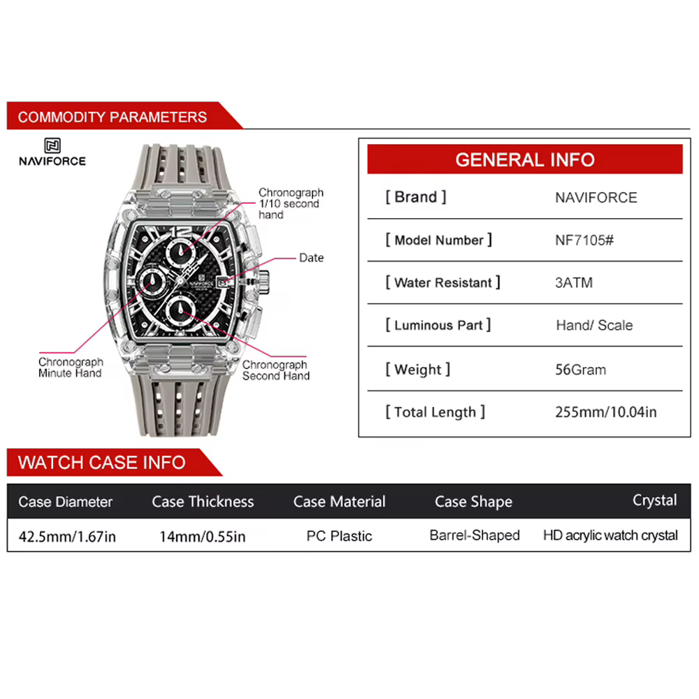 NAVIFORCE 2025 nouveau Design Transparent Tonneau montre hommes Quartz homme montres étanche luxe Sport porte