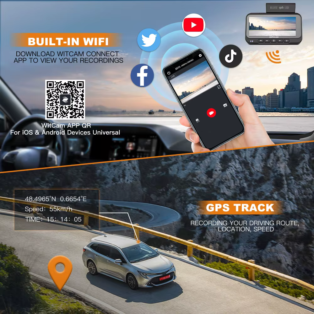 Caméra embarquée BEPOCAM 4K+4K avec GPS intégré, WIFI, vision nocturne IR, surveillance de stationnement 24H, carte 64G offerte