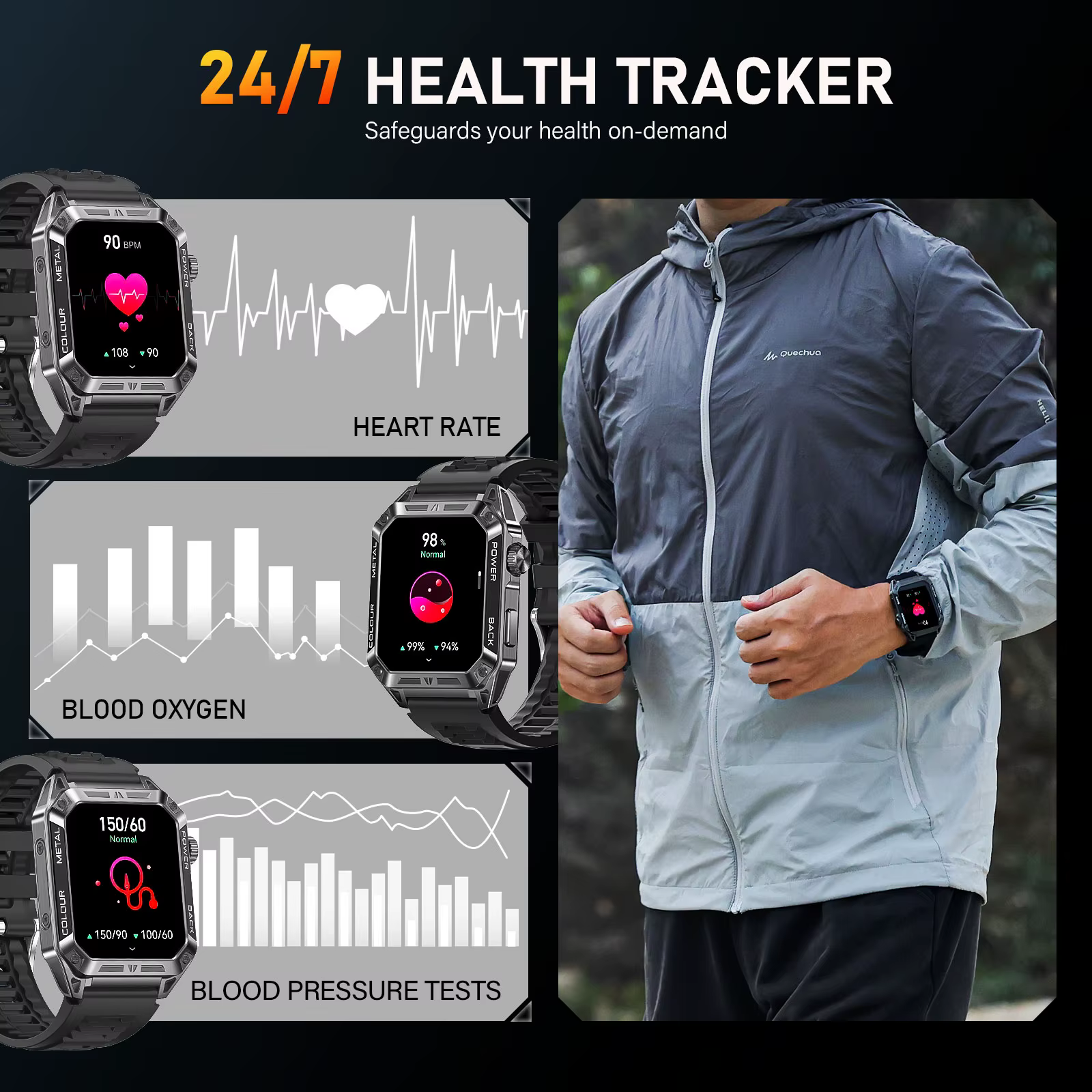 EIGIIS hommes montres intelligentes 1.91 "HD écran tactile 108 + Modes sportifs Fitness Tracker avec fréquence cardiaque SpO2 moniteur de sommeil podomètre