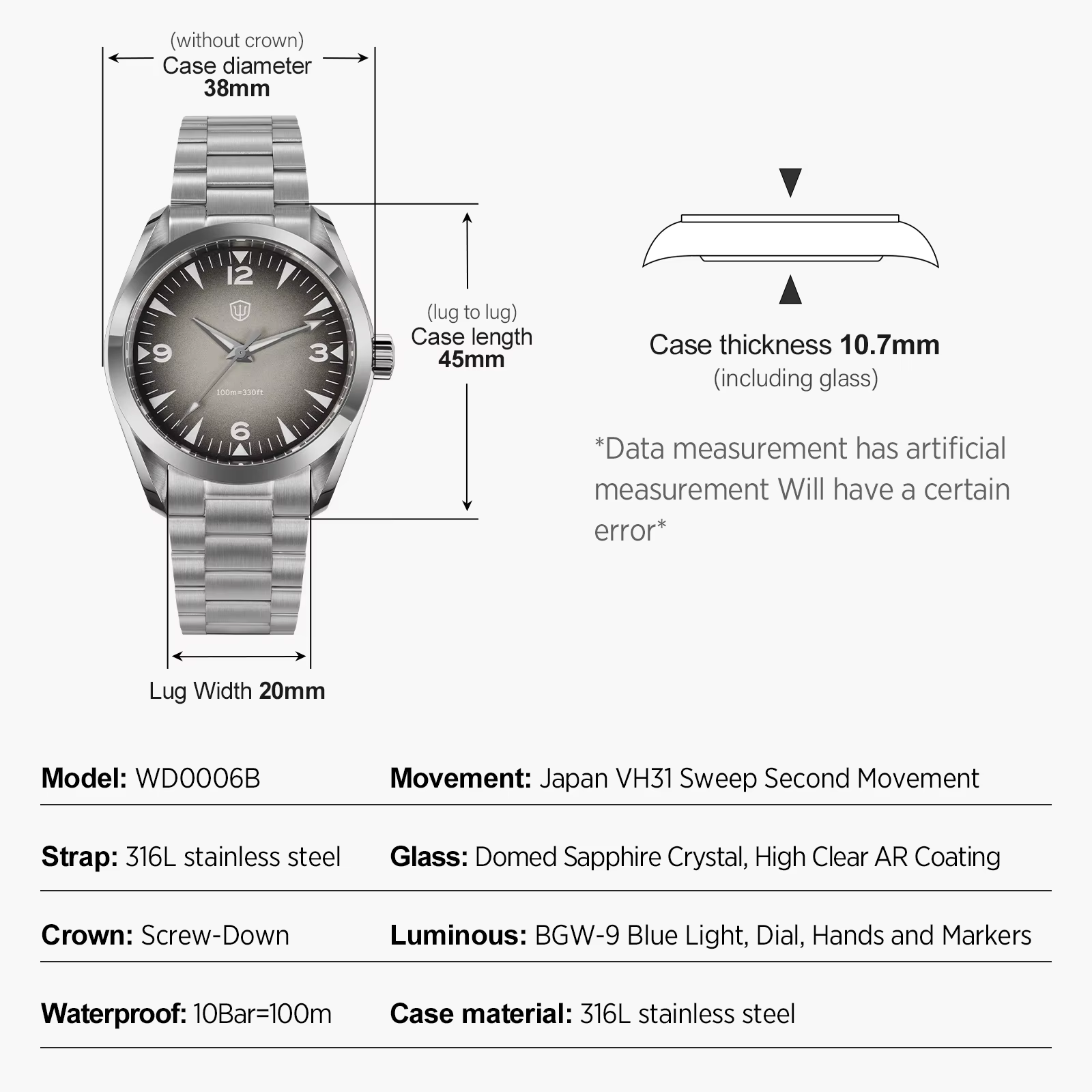 Watchdives WD0006 nouveau japon VH31 montres à Quartz gris 100M étanche saphir miroir lumineux 316L acier 38mm