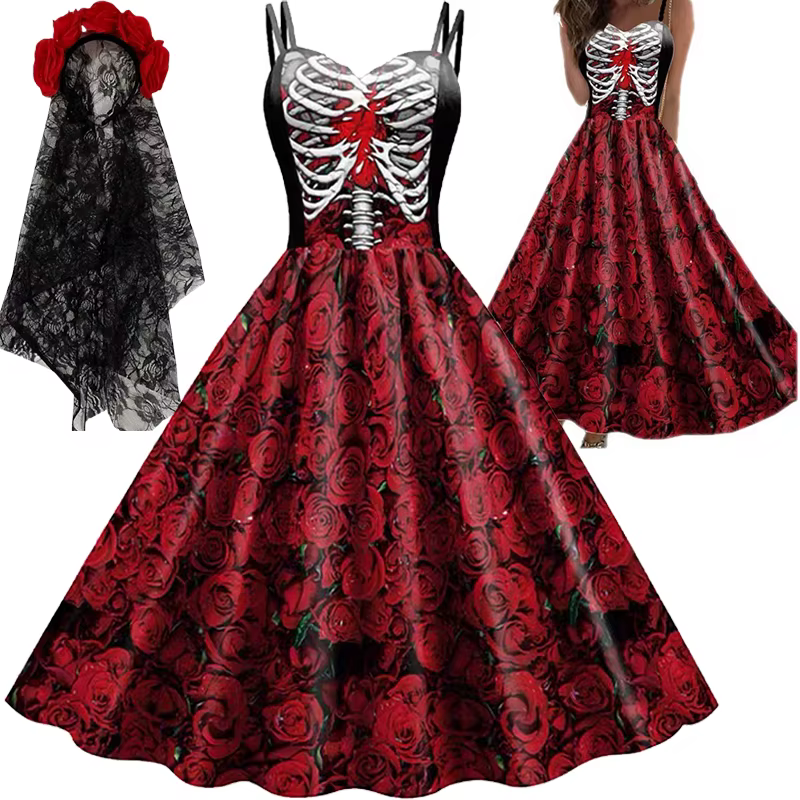 Costumes d'halloween pour femmes, imprimé tête de mort, col licou, tunique sans manches, robes de soirée Vintage, vêtements gothiques, mascarade, nouvelle collection