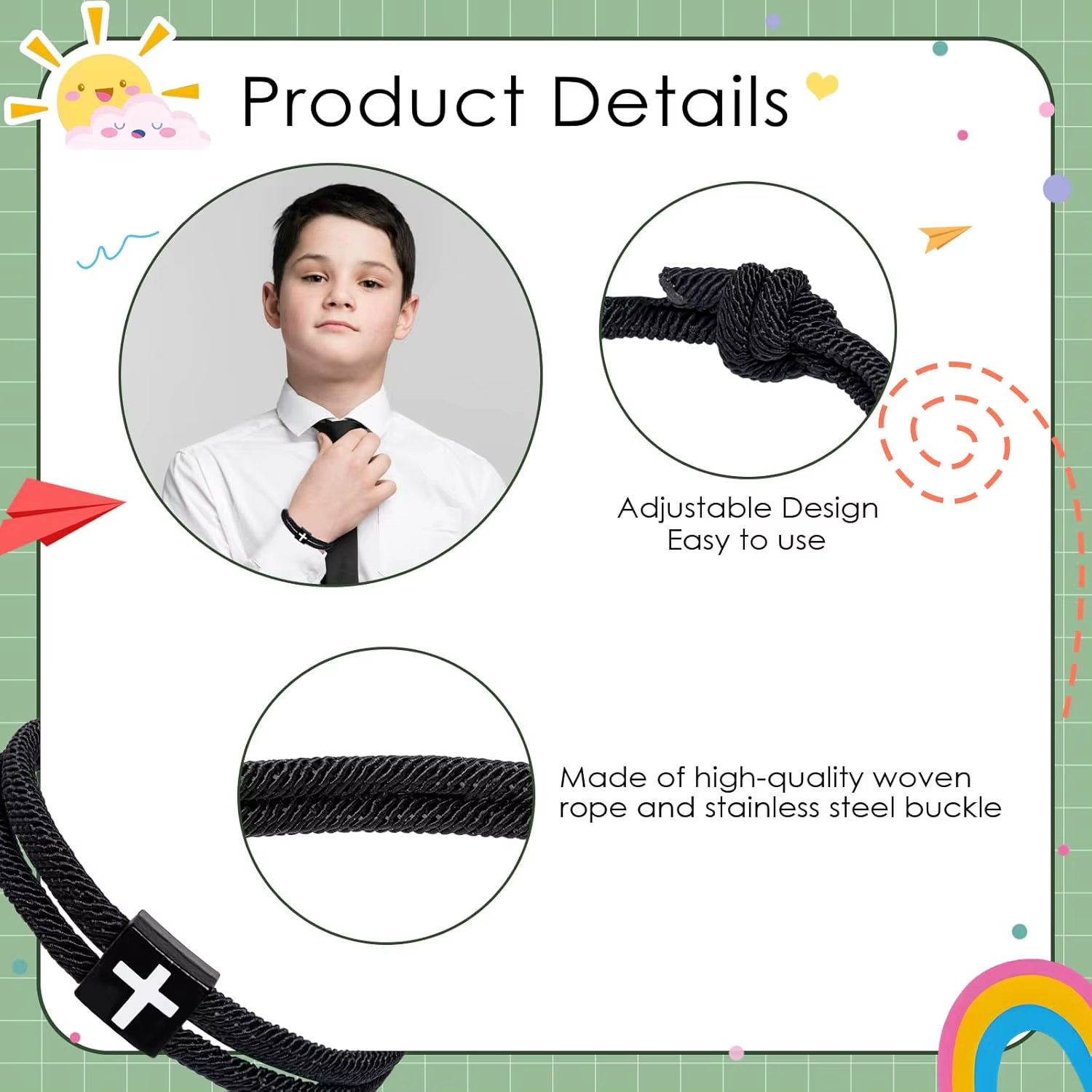 Bracelet pour fils panier de pâques, corde tressée, croix réglable, cadeaux de remise de diplôme, de pâques, de baptême chrétien