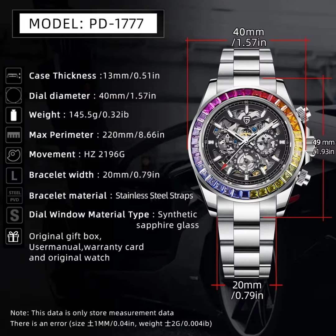 Montre mécanique automatique pour homme PAGANI DESIGN avec lunette sertie de pierres précieuses colorées