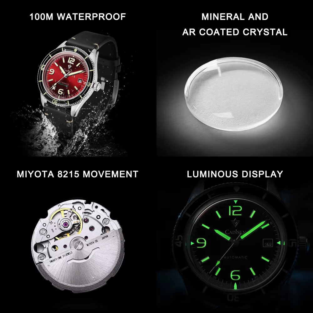 CADISEN 2026 montre hommes montres mécaniques mis5 8215 mouvement bracelet en cuir véritable étanche lumineux rouge