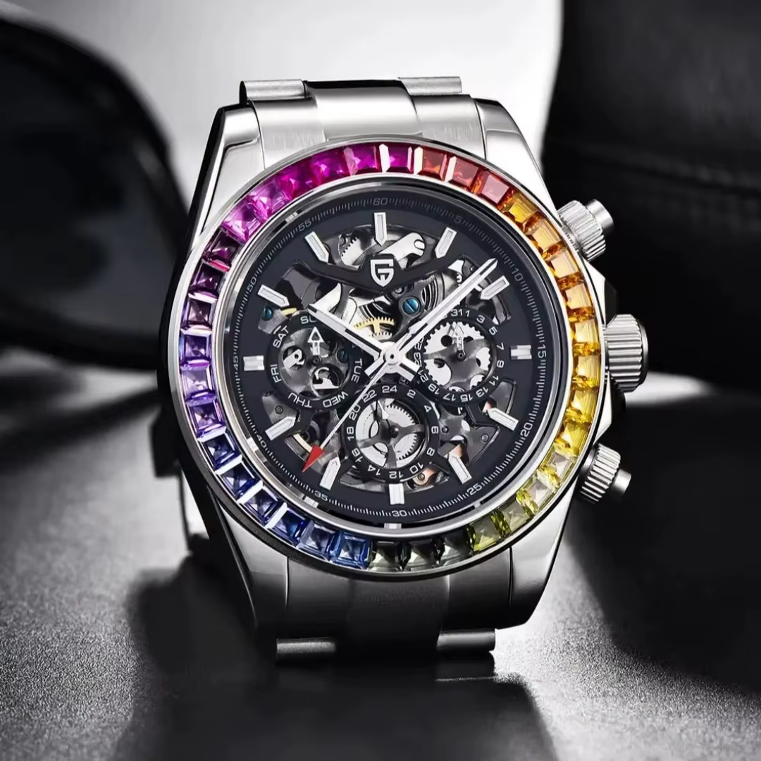 Montre mécanique automatique pour homme PAGANI DESIGN avec lunette sertie de pierres précieuses colorées