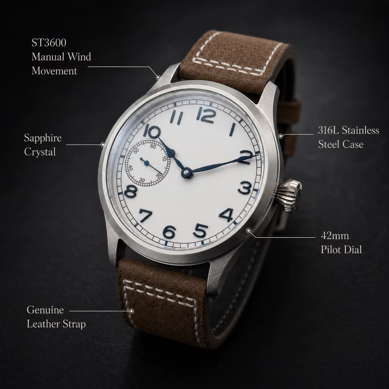 Montre pilote Corgeut 42 mm pour homme, mécanique à remontage manuel ST3600, saphir, bracelet en cuir