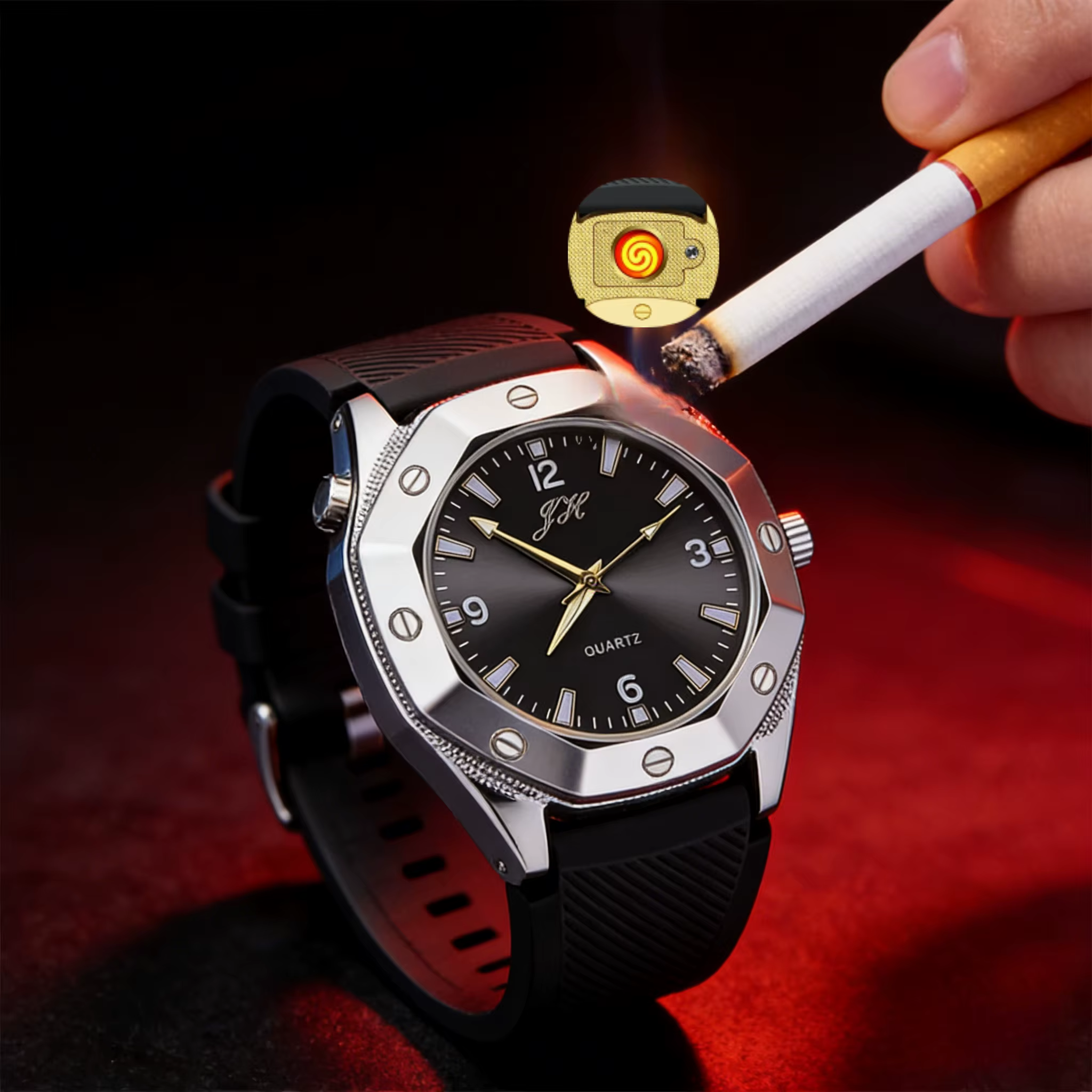 Nouvelle montre connectée avec briquet électrique, véritable cadran, coupe-vent, rechargeable par USB, allumeur portable, accessoire de fumeur pour homme en extérieur